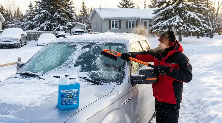 A driver using a snow brush and ice scraper to clear a heavily frozen car windshield during a severe Canadian winter storm, highlighting the need for winter windshield washer fluid -40 to prevent refreezing.