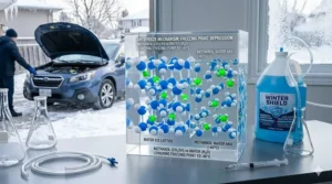 Technical diagram showing the molecular breakdown of methanol and water in winter windshield washer fluid -40 that lowers the freezing point for safe Canadian winter driving.
