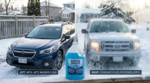 A side-by-side visual comparison of a salt-crusted, blurry car windshield versus a completely clear windshield cleaned effectively by winter windshield washer fluid -40.