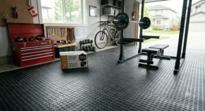 Heavy duty rubber tiles used as durable flooring for a home gym or garage workshop.