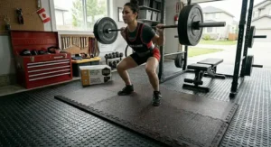 Shock-absorbent heavy duty rubber tiles ideal for weightlifting in the garage.