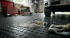 Rubber tiles protecting a garage floor from vehicle oil, salt, and winter moisture.