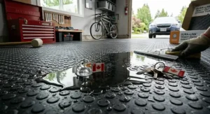 Heavy duty rubber tiles providing a non-slip surface in a wet garage environment.