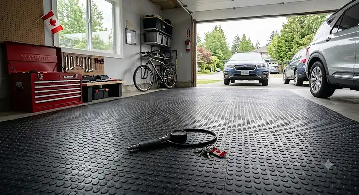 Durable heavy duty rubber tiles installed in a modern Canadian residential garage.