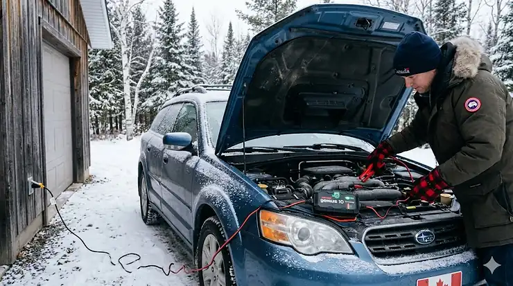 A driver in red plaid gloves connects a NOCO battery charger to a car in deep snow during a Canadian winter. battery charger for Canadian winter