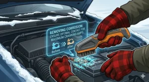 An illustration showing a terminal cleaning tool removing corrosion from a frosty battery to ensure winter performance.