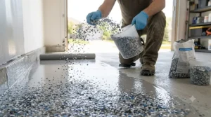 Detailed 4K photograph showing a worker using a roller on an extension pole to apply a clear polyaspartic topcoat over a fully flaked garage floor surface. The new coating shows an intense, high-gloss reflection of daylight contrasting with the matte flake texture.