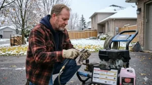 Removing the nozzle for winter storage before applying antifreeze solution.