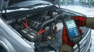 An illustration of a conductance tester and infrared thermometer failing a car battery at -22°C in winter.