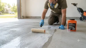 A detailed 4K photograph of a worker kneeling on a dry, prepared garage floor, actively mixing viscous grey epoxy with a mechanical paddle attached to a drill inside a 5-gallon bucket. Branded canisters labeled Part A Resin and Part B Hardener (bilingual) sit nearby. Natural light highlights the swirling texture.