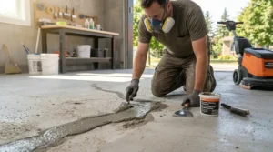 High-detail 4K photograph showing a worker kneeling and using a roller to apply a milky concrete etching solution to a garage floor, making the surface dark and porous. A canister labeled 'Canadian Concrete Etch' with English/French text sits nearby in natural daylight.