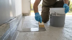 Detailed 4K photorealistic photograph of a worker actively rolling a thick, glossy grey epoxy base coat onto a clean concrete garage floor with parallel strokes, using a long extension pole roller. The previously cut-in edges are visible near the wall, illuminated by bright daylight.