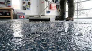 Durable blue and grey flake decorative epoxy garage floor finish designed to withstand harsh Canadian climate conditions.