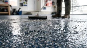 Efficiently squeegeeing winter slush and melted snow into a drain from an easy-to-clean winter-grade epoxy garage floor.
