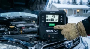 Close up of an intuitive digital display on a portable jump starter unit.