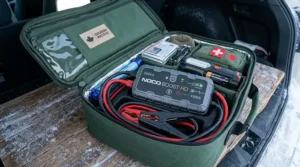 Safety-focused portable jump starter with spark-proof clamps, perfect for beginner winter drivers.