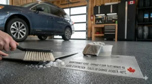 Simple cleaning steps for maintaining garage tiles throughout the Canadian season. Étapes d'entretien simple pour garder les tuiles de garage propres durant la saison.