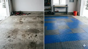 Before and after comparison of a concrete garage floor transformed with modular tiles.