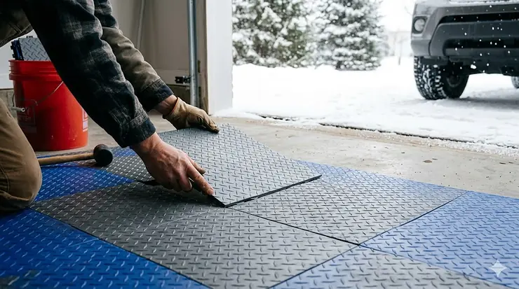 Modern garage with durable interlocking floor tiles designed for Canadian hivers (winters). garage floor tiles for cold climates