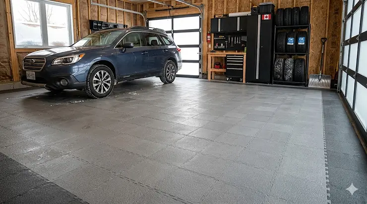 Durable interlocking garage floor tiles designed for -40 degree Canadian winters. Tuiles de garage emboîtables durables conçues pour les hivers canadiens jusqu'à -40 degrés. garage floor tiles minus 40