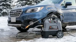 Compact, heated pressure washer setup for residential winter vehicle cleaning.