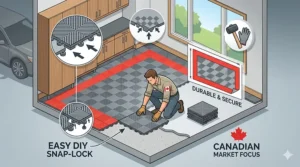 Heavy-duty interlocking garage floor tiles in Canada supporting a vehicle on a clean, professional garage floor.