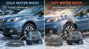 Comparison graphic showing efficient ice melting with a heated pressure washer.