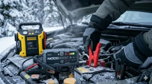 Step-by-step guide on connecting a portable jump starter to a frozen vehicle battery in Canada.