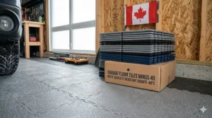 Easy snap-together installation of heavy-duty garage flooring for DIY projects. Installation facile par emboîtement de tuiles robustes pour garage, idéal pour bricoleur.