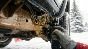 Applying rust prevention spray to outdoor gate hinges to stop winter corrosion.