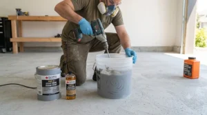 Close-up photorealistic photograph showing a worker's gloved hand carefully using a natural bristle brush to apply viscous grey epoxy along the base of a garage wall, cutting in precise edges on a clean concrete floor in natural light.
