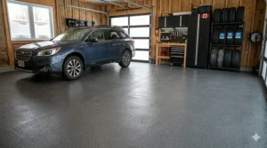 Transforming a cluttered garage space with sleek, weather-proof floor tiles. Transformer un garage encombré avec des tuiles élégantes et résistantes aux intempéries.