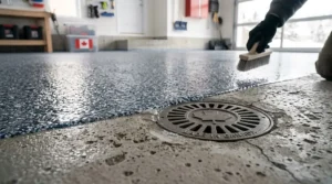 Modern, clean Canadian garage interior featuring a high-gloss grey winter-grade epoxy floor, built-in storage, and a floor drain.