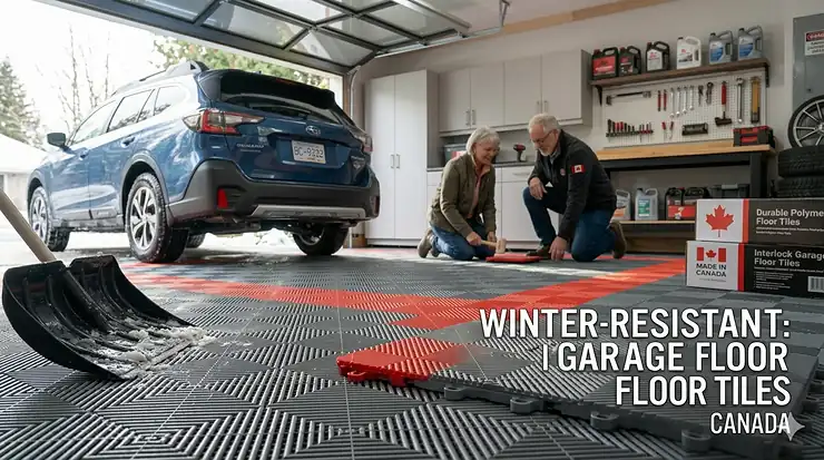 Sleek finished garage with durable interlocking garage floor tiles installed in a Canadian home.