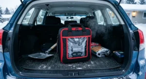 Durable carrying case for a portable jump starter in a vehicle trunk.