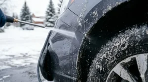 Rinsing off calcium chloride residue from a clean vehicle.