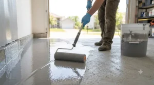 Photorealistic 4K close-up of a worker wearing spike cleats over work boots, kneeling on a wet grey epoxy garage floor and hand-scattering colorful vinyl flakes in a high arc to ensure even coverage in natural light.