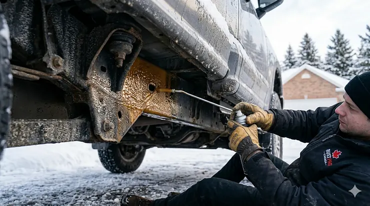 Applying rust prevention spray to a vehicle undercarriage for Canadian winter protection.