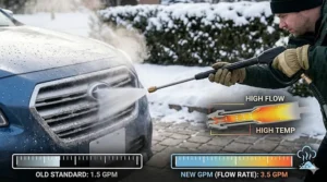 Safety tips for washing a car in freezing temperatures with hot water equipment.