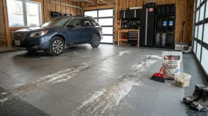 Salt and chemical-resistant garage tiles to protect against road salt corrosion. Tuiles de garage résistantes au sel et aux produits chimiques contre la corrosion hivernale.