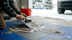 Textured garage floor tiles engineered to resist corrosion from road salt and snowmelt.