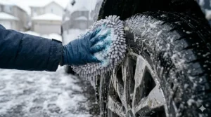 Using a mitt to scrub winter slush and grime from car tires.