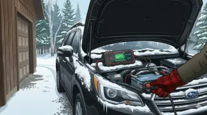 An illustration of a smart battery maintainer connected to a vehicle covered in deep snow.