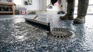 Close-up view of liquid-repelling textured epoxy garage floor protecting against aggressive winter road salt penetration.