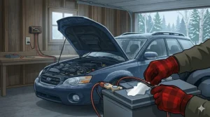 An illustration showing a trickle charger in a simplified cold garage used for long-term winter vehicle storage.