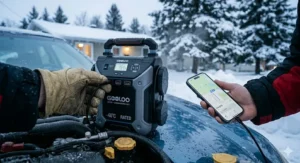 Charging a smartphone with a portable jump starter during a road trip.