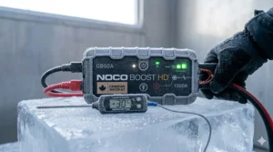 Versatile jump starter charging a smartphone via USB, showcasing its dual-use winter utility.