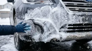 Thick foam from heavy duty car wash soap covering a car bumper.