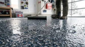 Seamless epoxy garage floor providing critical protection against freeze-thaw damage where the concrete meets heavy winter snow.