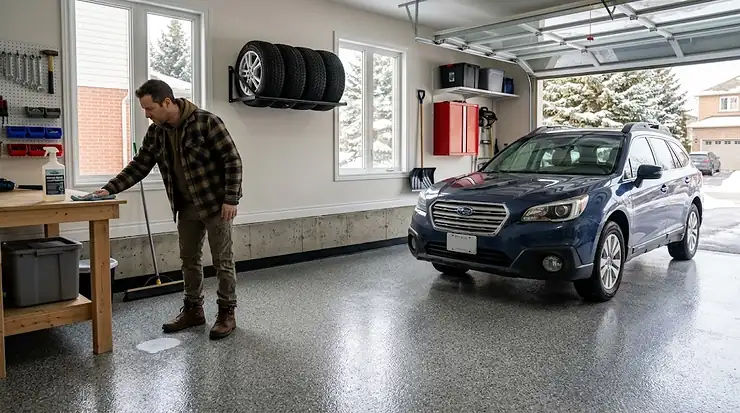 Sleek epoxy garage floor with a grey flake finish in a Canadian home, protecting against road salt and winter moisture.